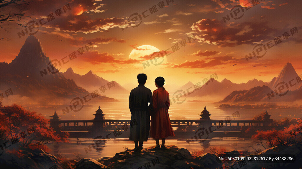 有山有水 一对情侣在夕阳下。