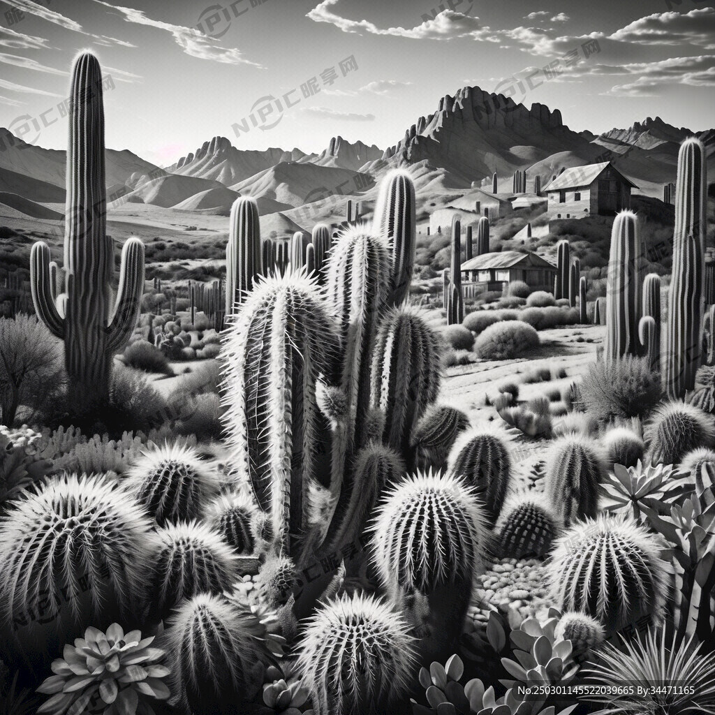 黑白线条仙人掌 西部场景