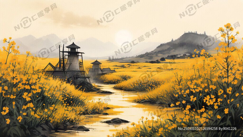 油菜花田背景  榨油机 线稿图