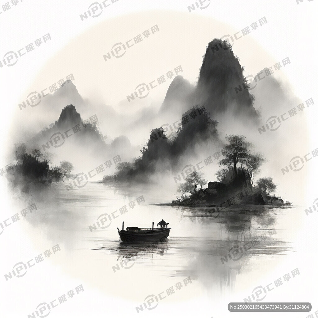 写意山水画 国画 水墨 河流