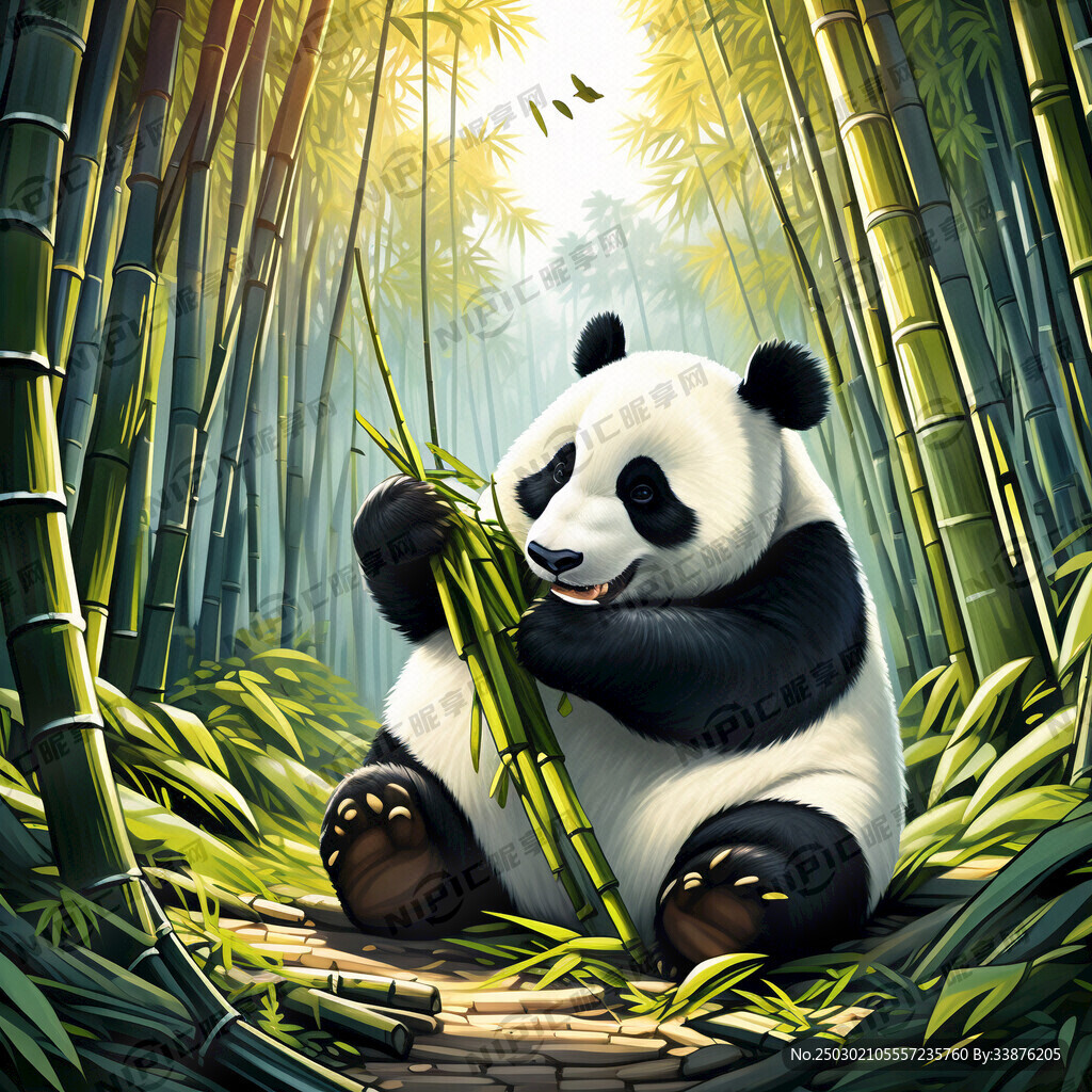 卡通 熊猫 吃竹子 竹林场景
