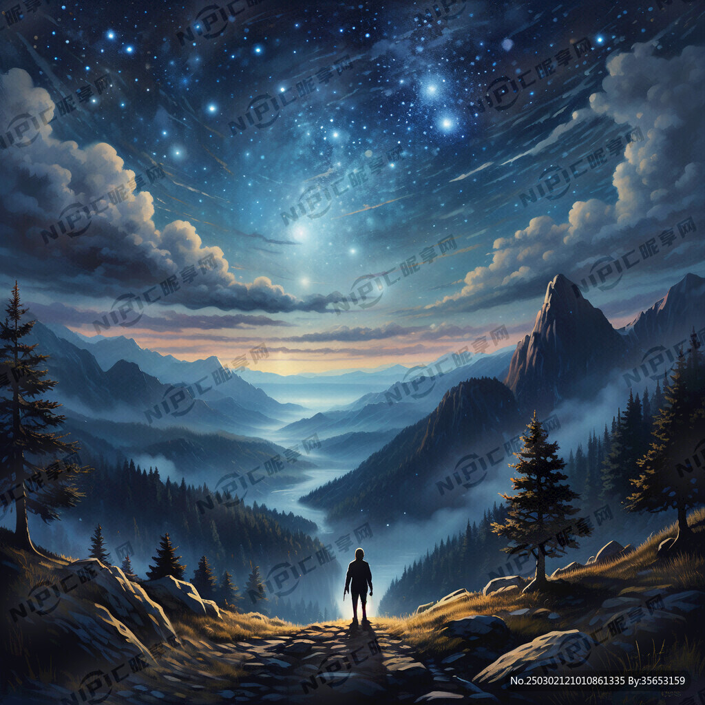 星空油画 在山上 有一个人