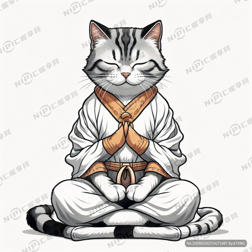猫 拟人手绘卡通 打坐 闭眼