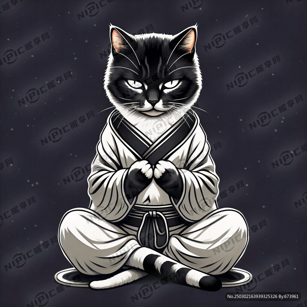 猫 拟人手绘卡通 打坐 闭眼
