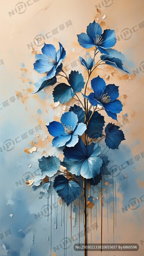 手绘艺术油画肌理质感镀金叶片蓝