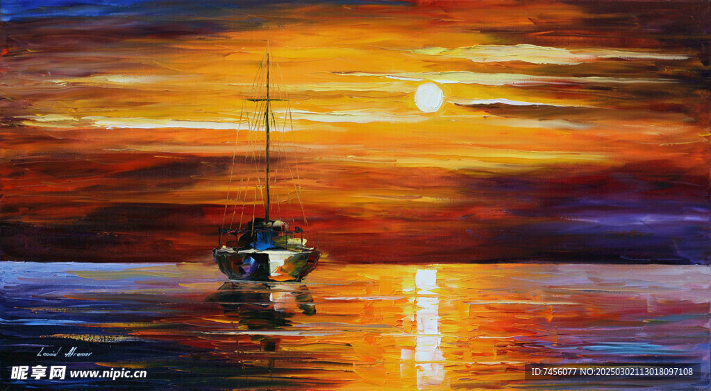 黄昏海景油画图片
