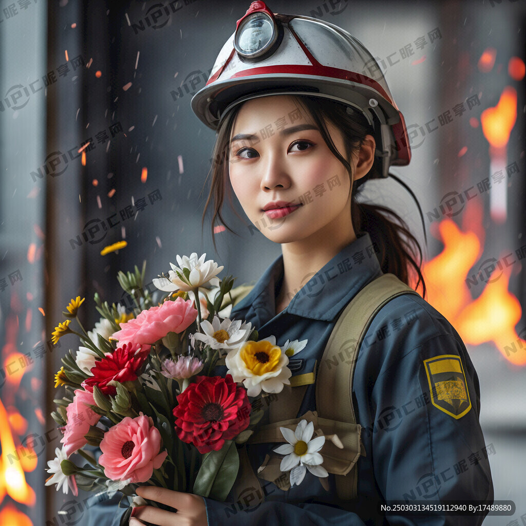女性消防员手持鲜花与消防工具