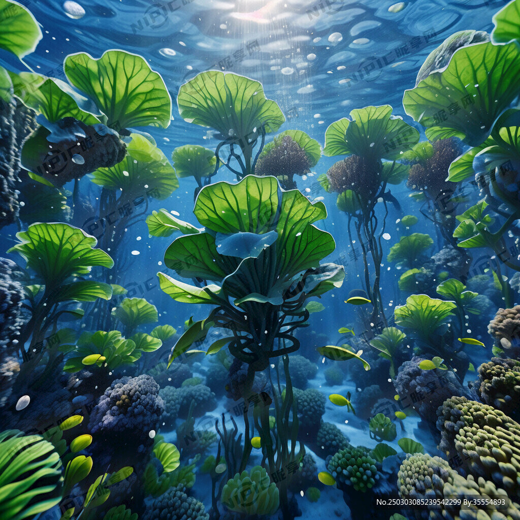 深蓝海底有绿色大叶海带扭腰