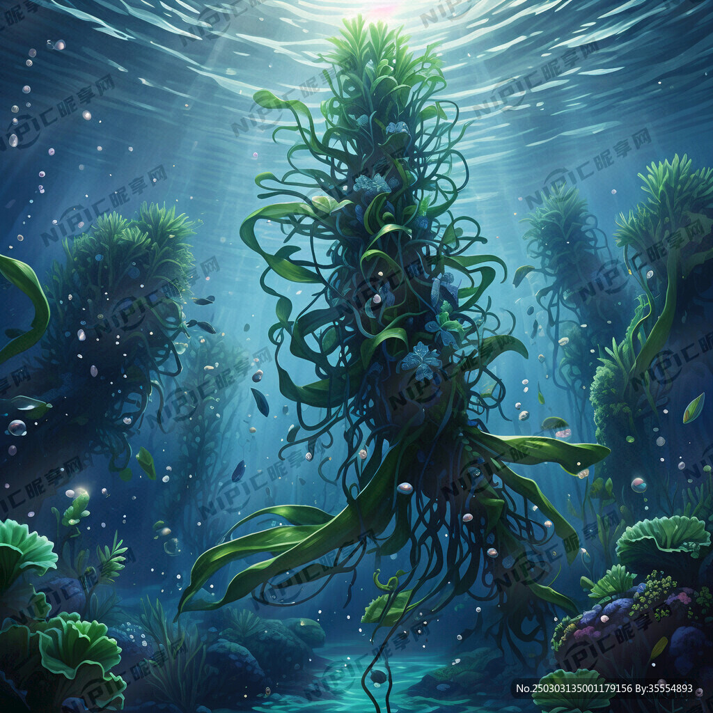 深蓝海底有零星绿色细长海带