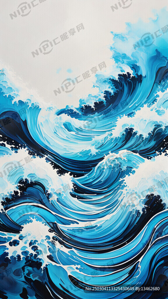 蓝白相间的抽象海洋波浪画