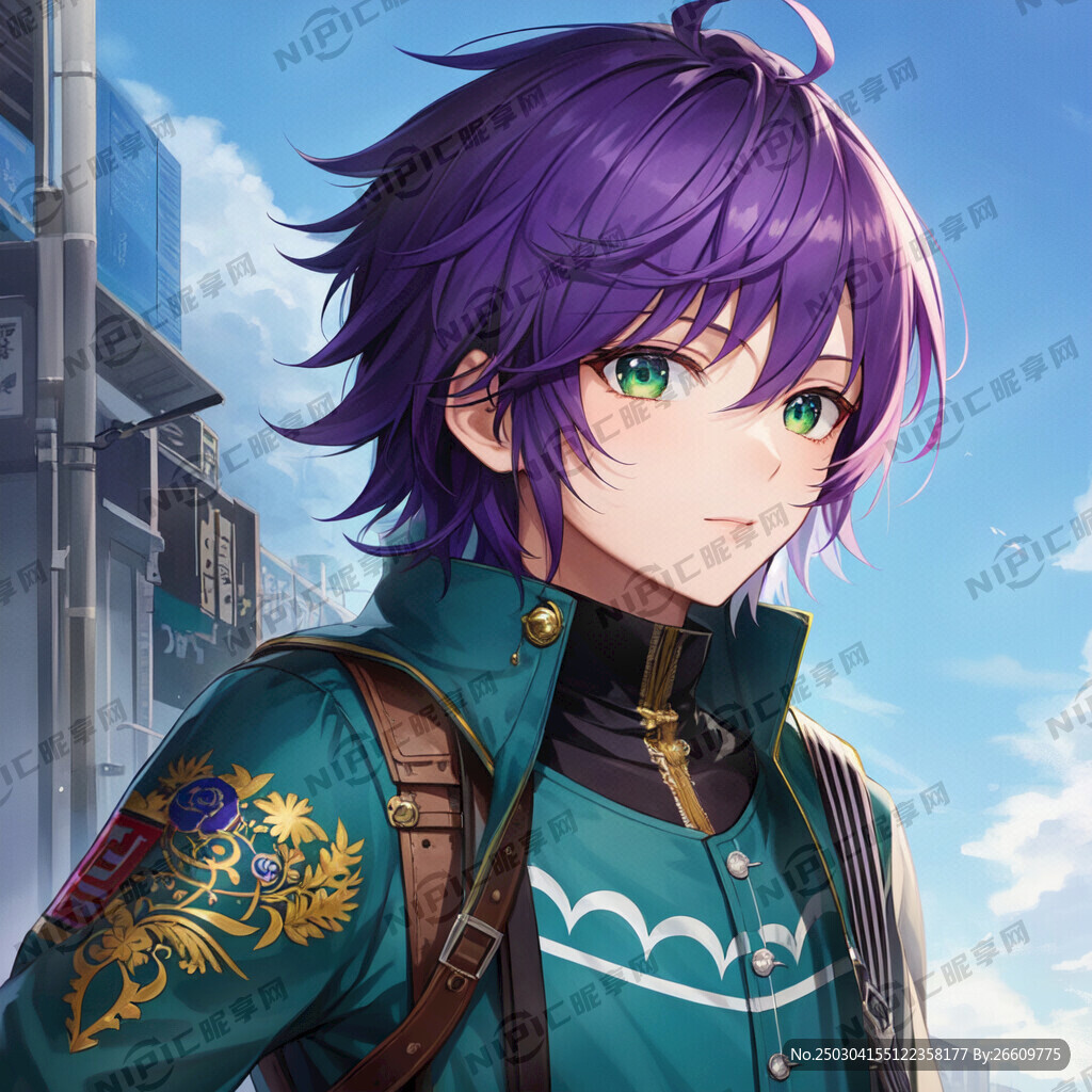 紫发 清冷 男 绿色眼睛