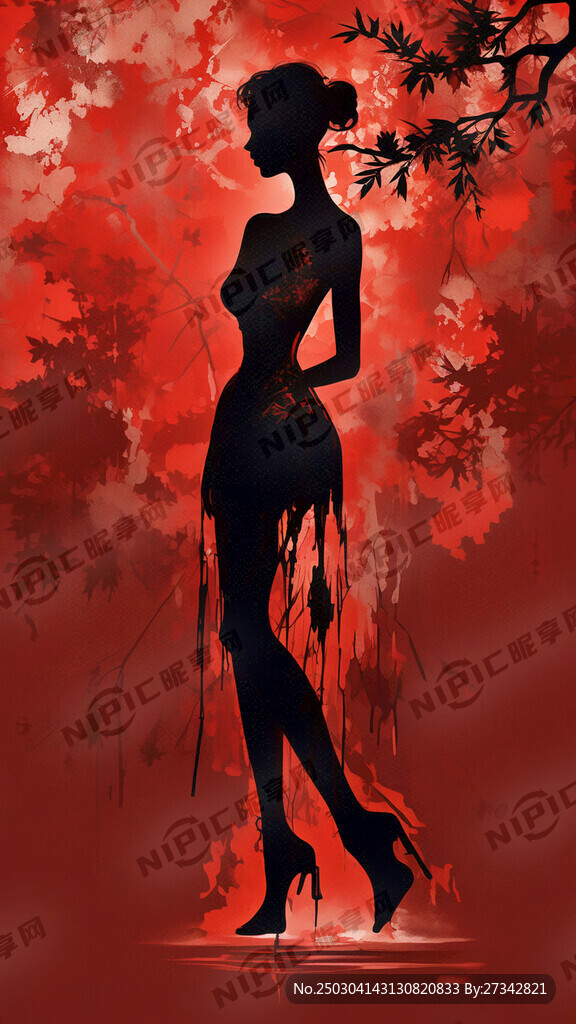 酒红色昏暗背景 剪影抽象美女
