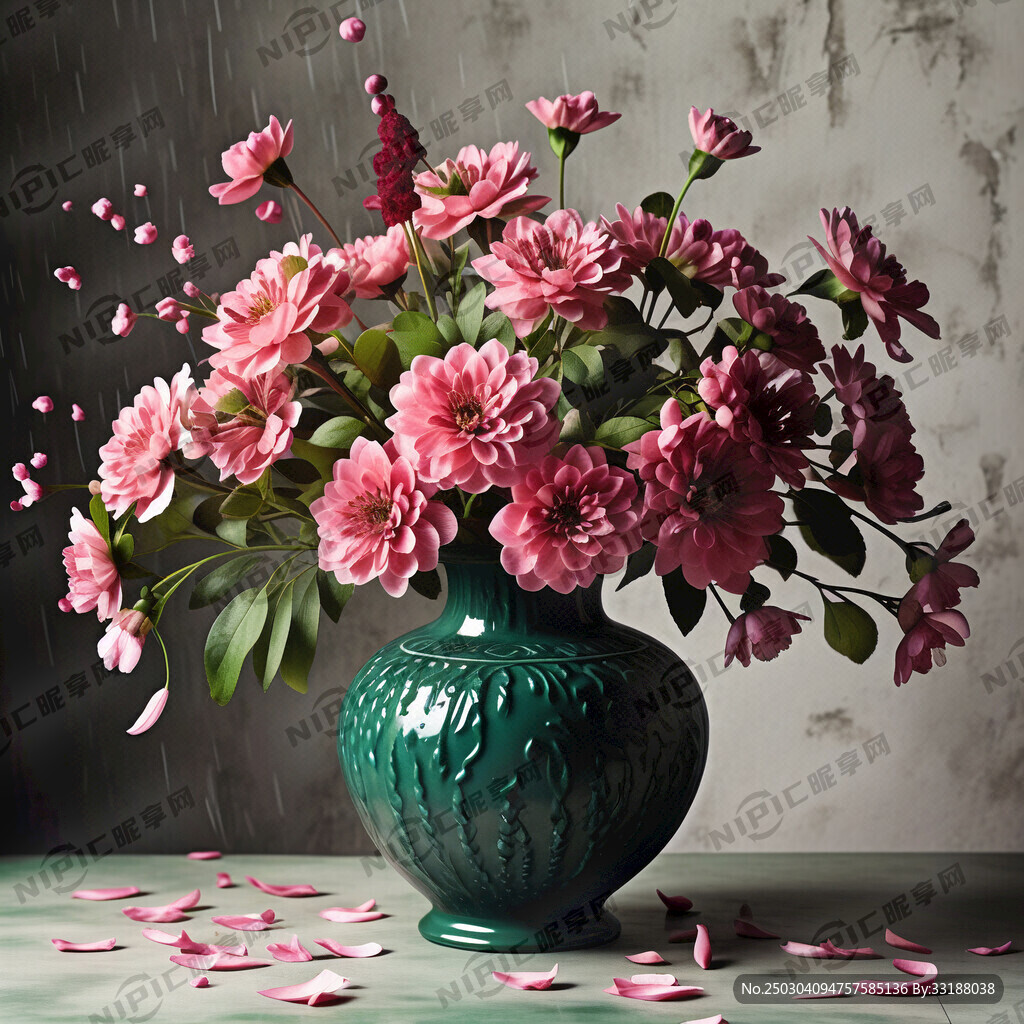 左侧墨绿色花瓶 背景为花瓣雨