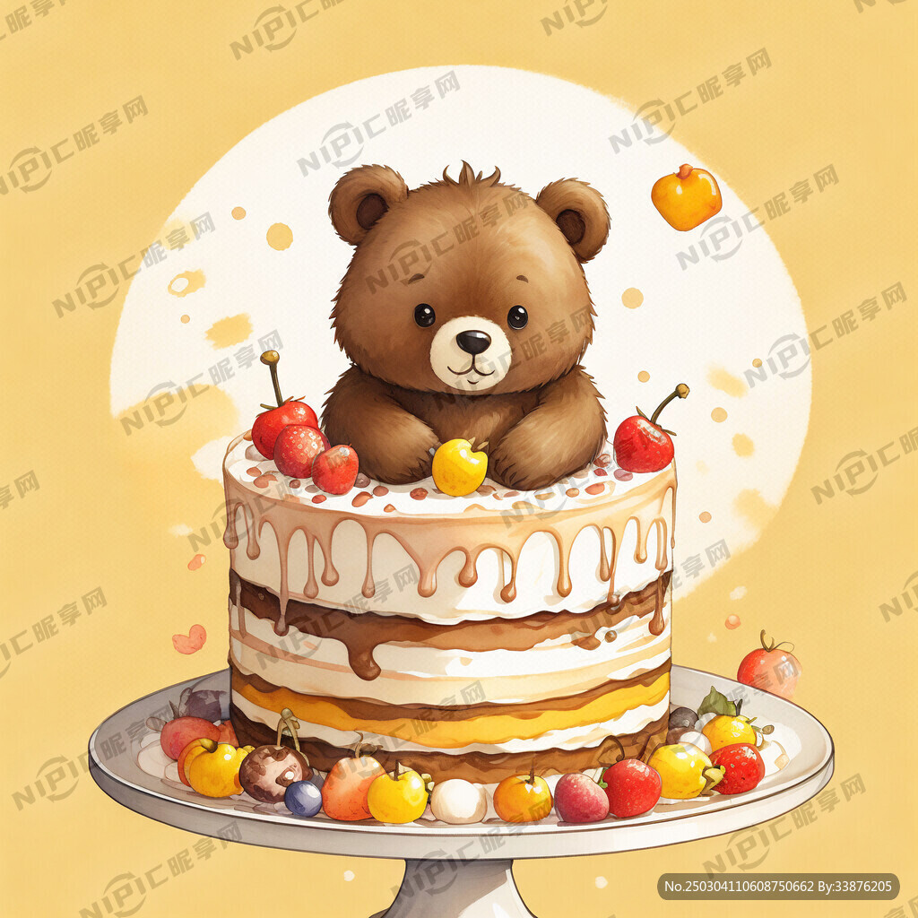 黄色背景 小熊图案 蛋糕搭配