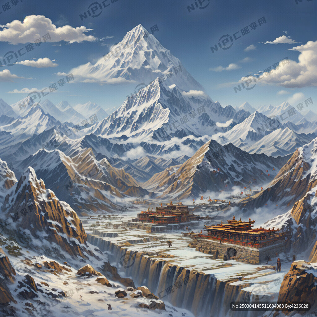 手绘西藏雪山