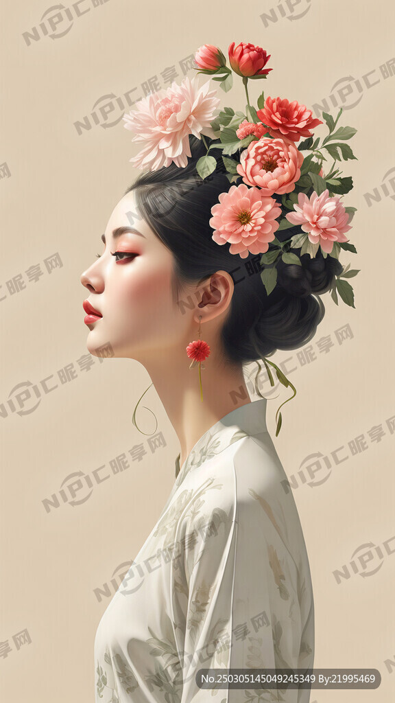 女侧脸 头上戴满花朵 各种花朵