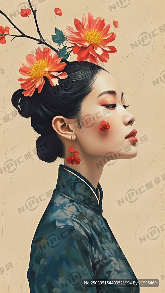 女侧脸 头上戴满花朵 各种花朵
