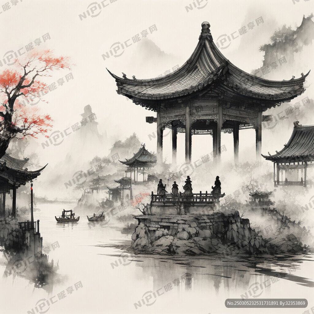 传统工笔画长卷宋代亭台楼阁街市