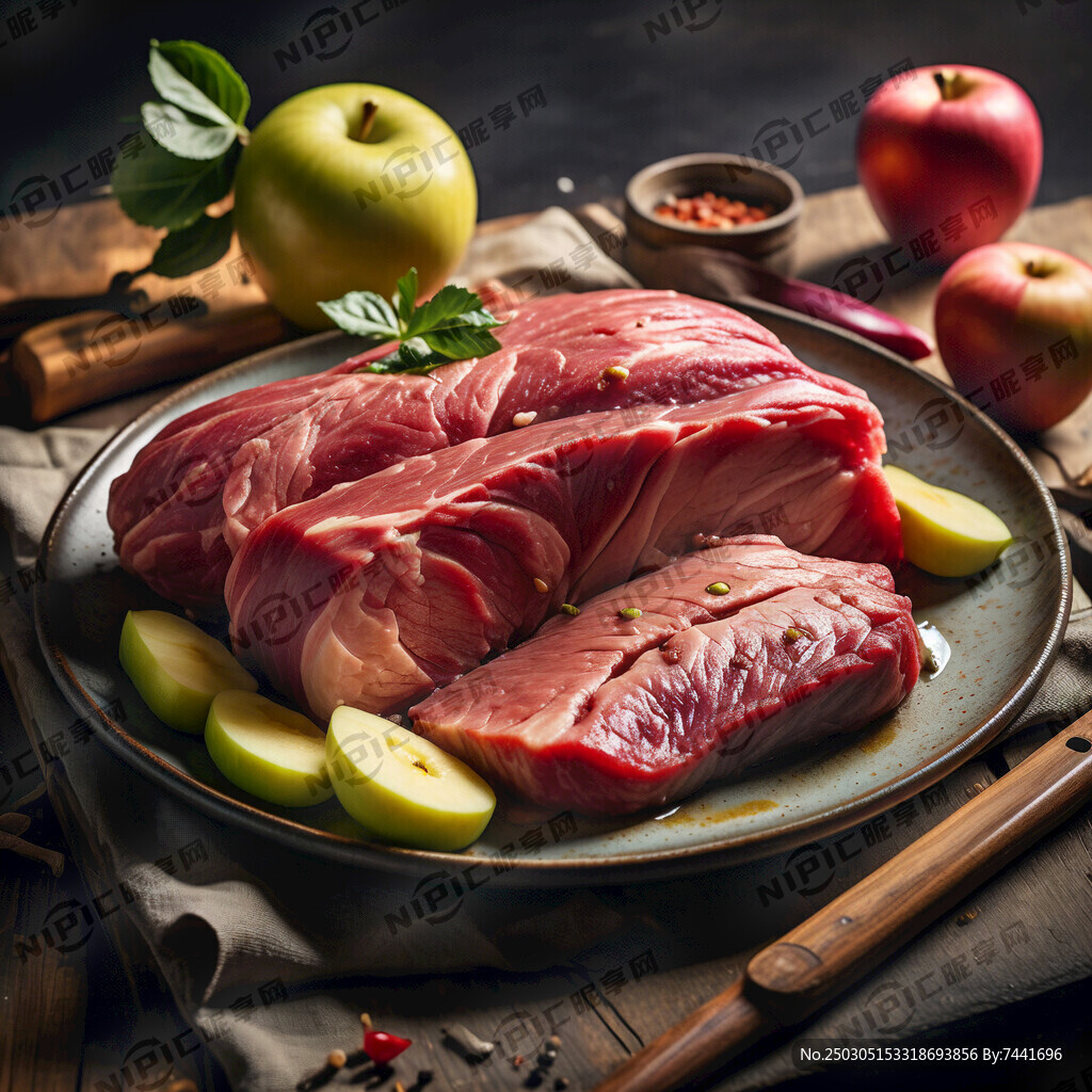生鲜牛肉鸡胸肉和一个苹果在盘子