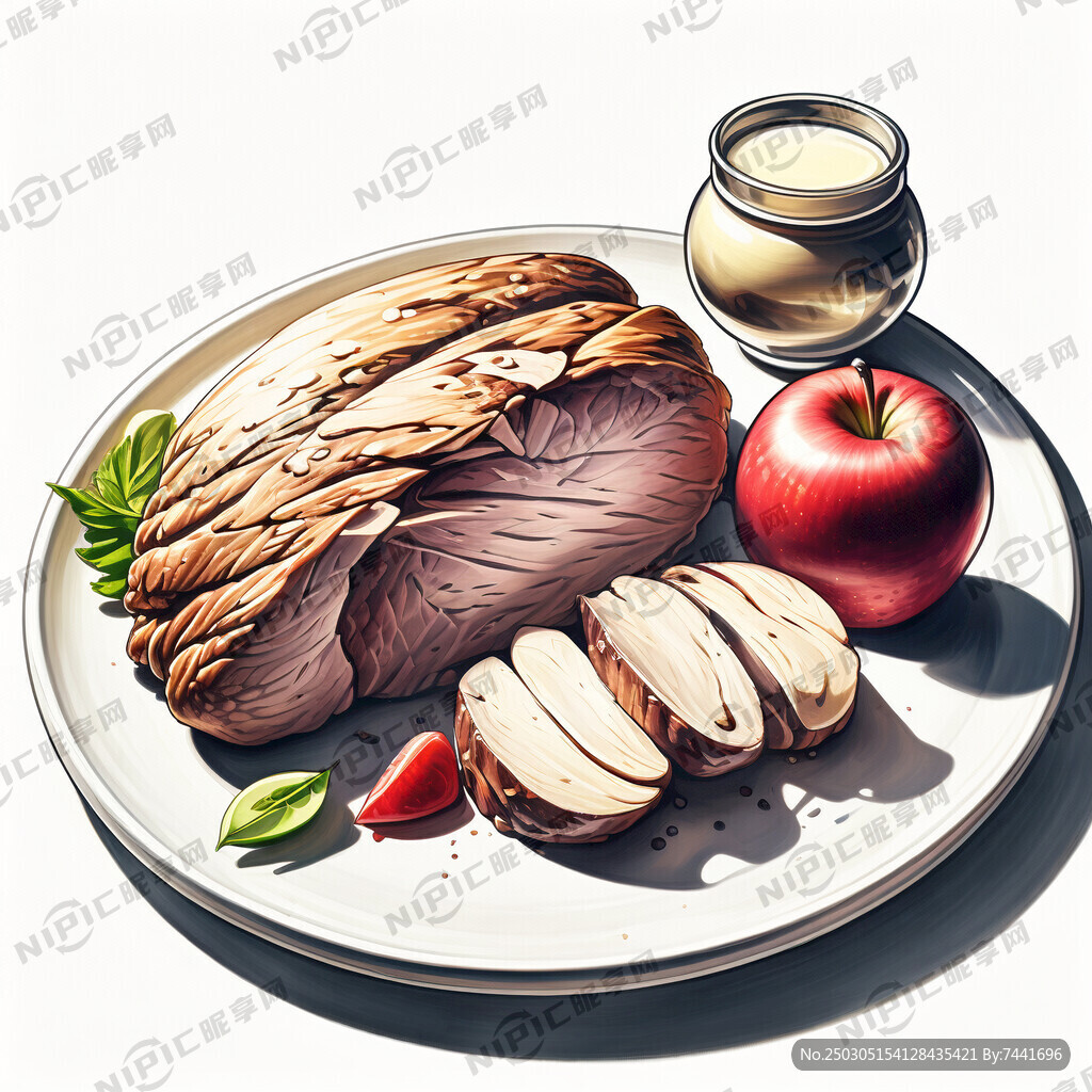 生鲜牛肉鸡胸肉和一个苹果在白色