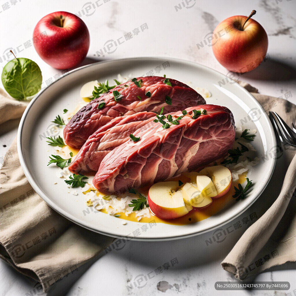 生鲜牛肉鸡胸肉和一个苹果在白色