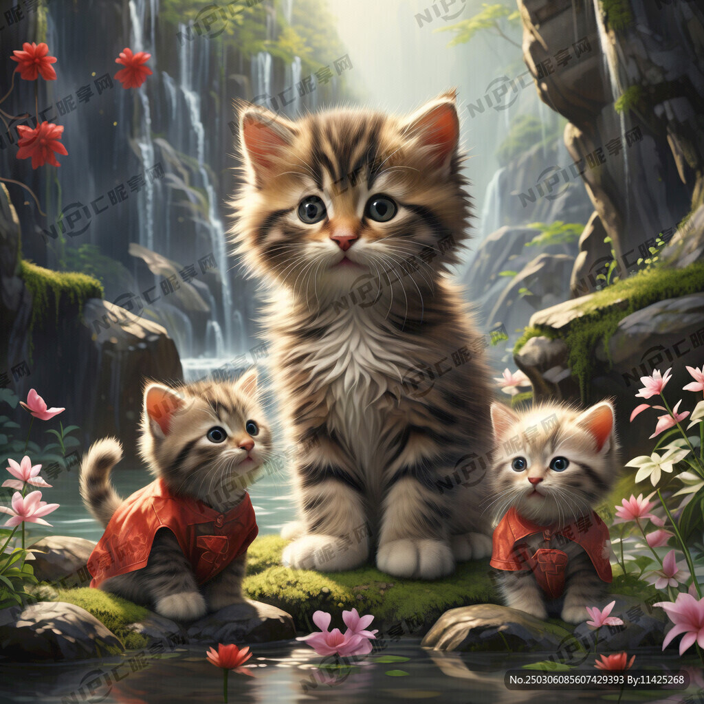 小猫和2个儿子在山水中