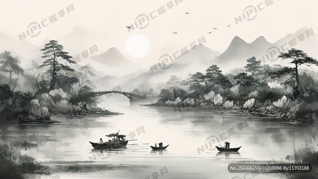 江南 竹林   远山   水 