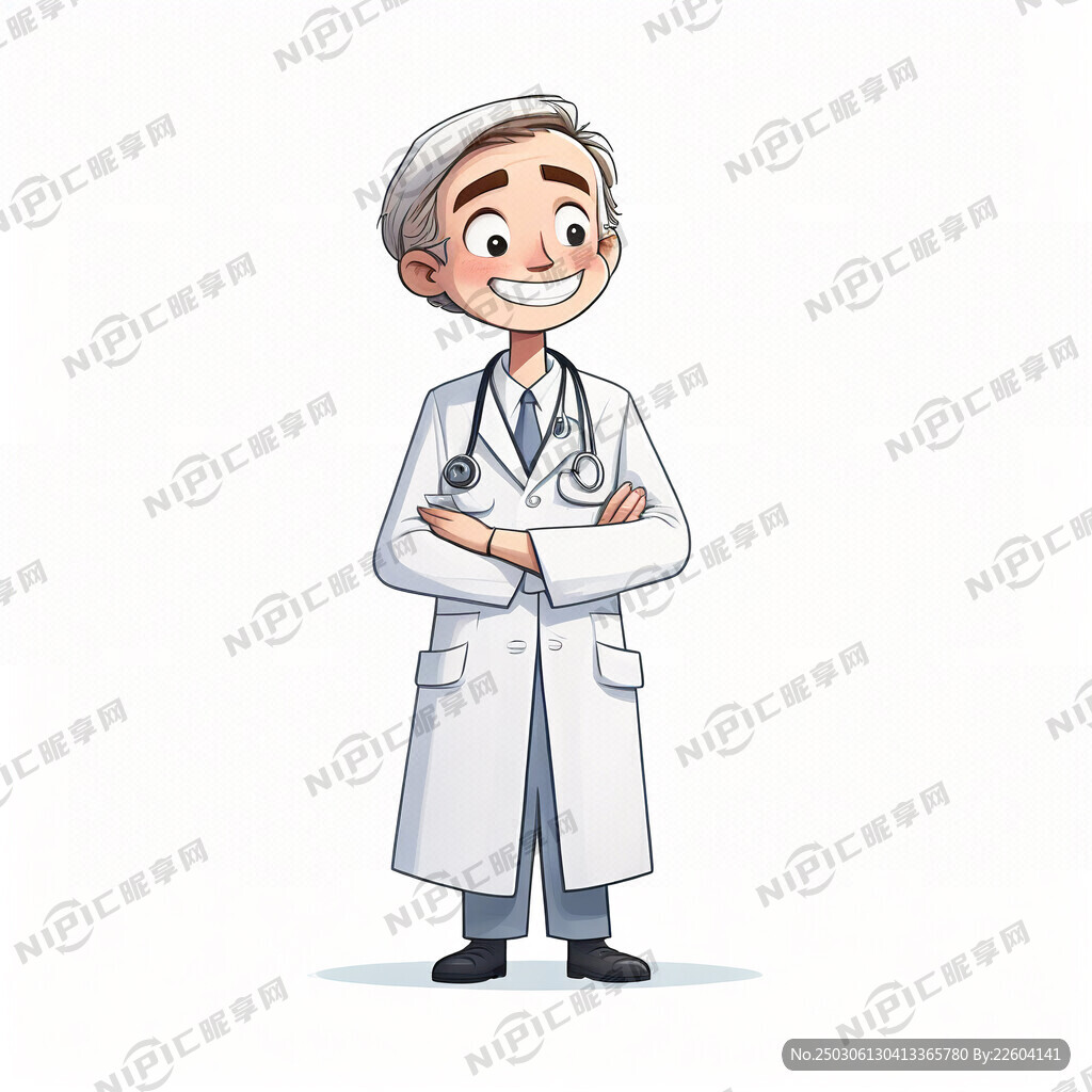 卡通绘画风站着白色医生微笑线条
