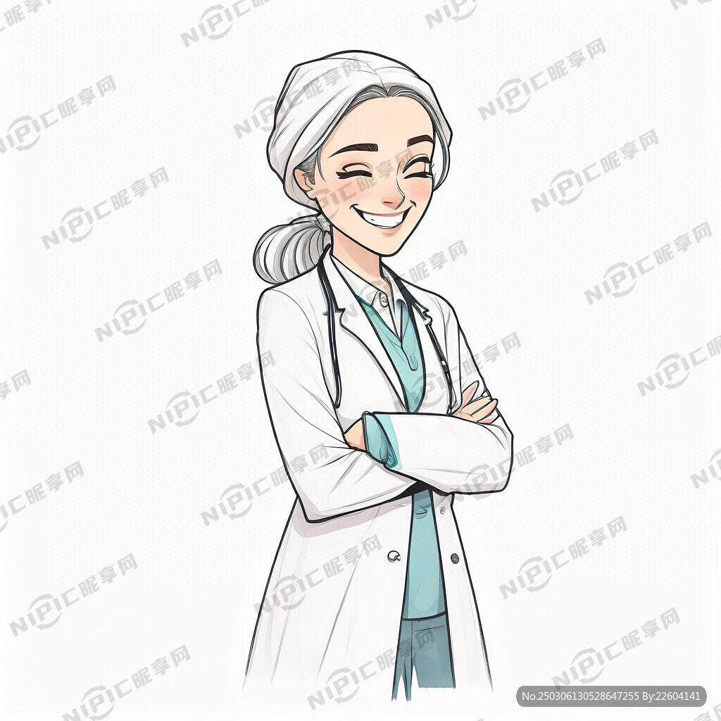 卡通绘画风站着白色女医生微笑线