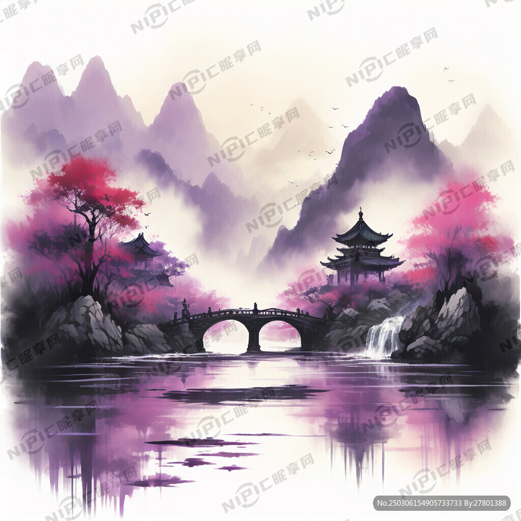 青绿山水 紫色霞光笼罩圆润山峦