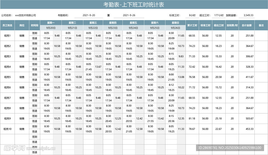 考勤表上下班工时统计表