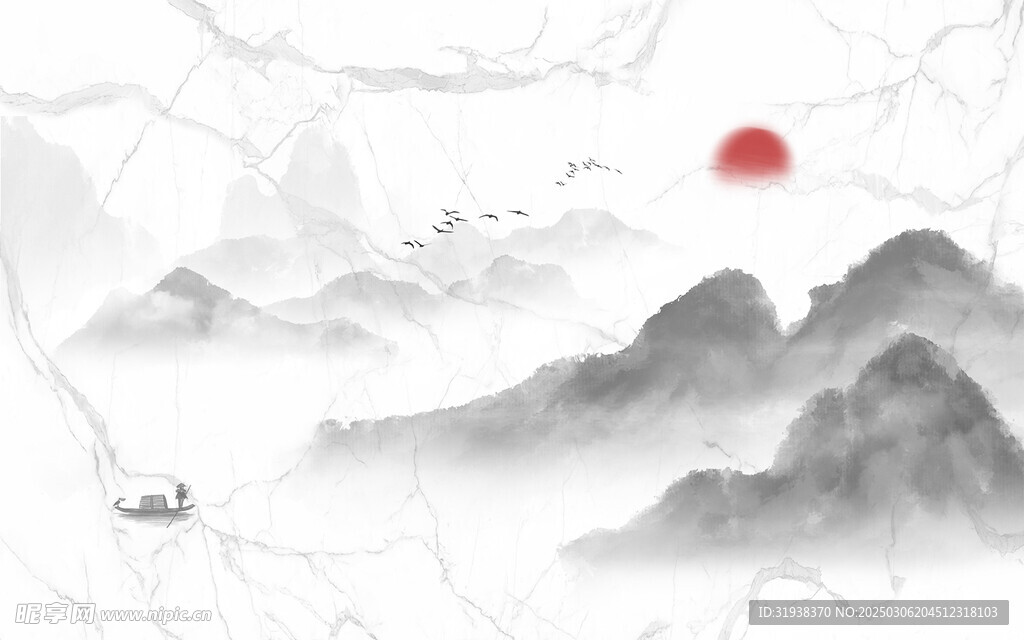 爵士白大理石黑白水墨山水船