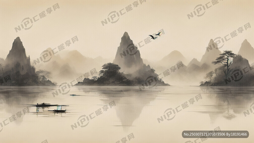 陈旧米黄色背景 山水画 插画