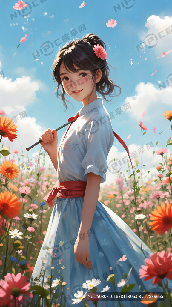 身穿裙子欢快的少女站在花丛中