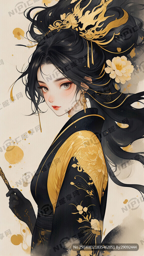 黑金色中式怪诞风侠女插画黑色衣