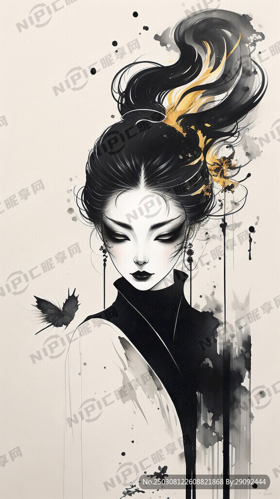 黑蓝金色中式怪诞风狐仙女性插画