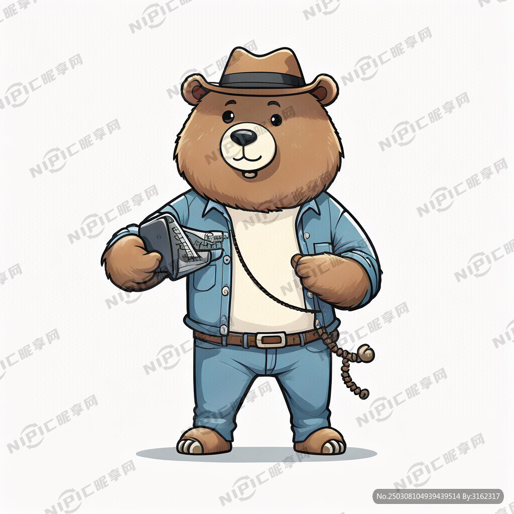 一个卡通熊穿着牛仔衣服