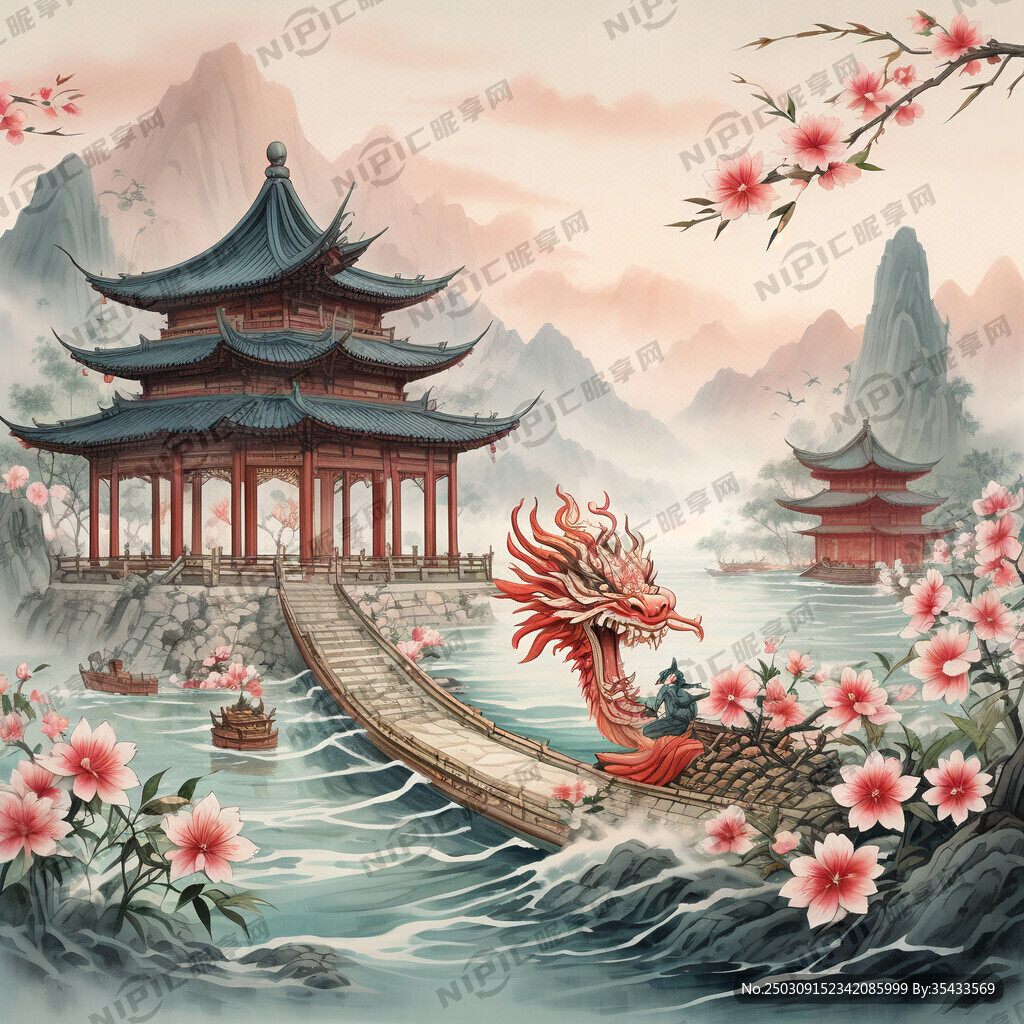 龙舟、亭子、山水、桃花、竹子