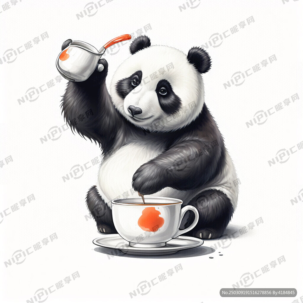 一只坐着的卡通熊猫左手上拿着一
