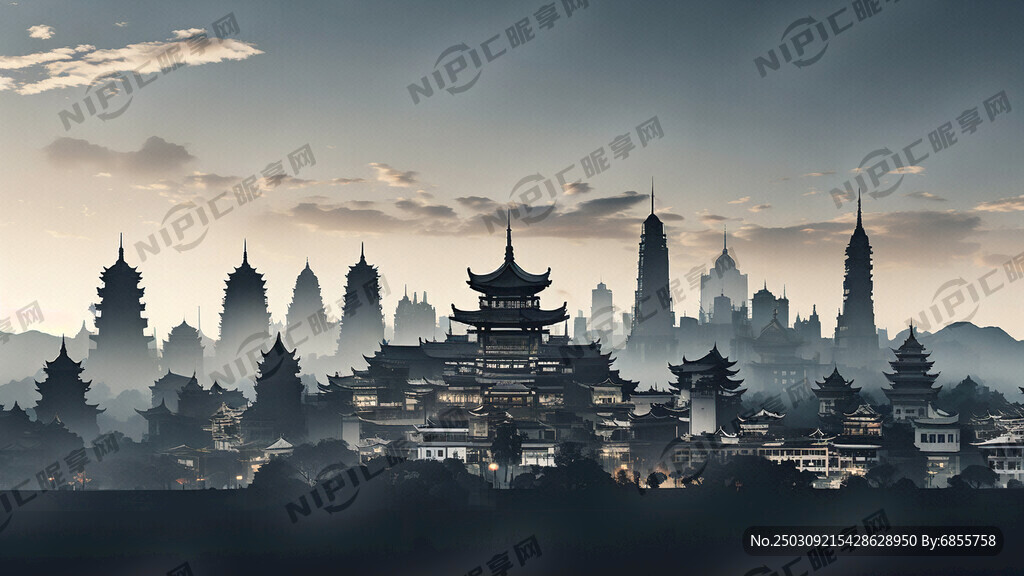 云南不同样式地标建筑剪影灰色在