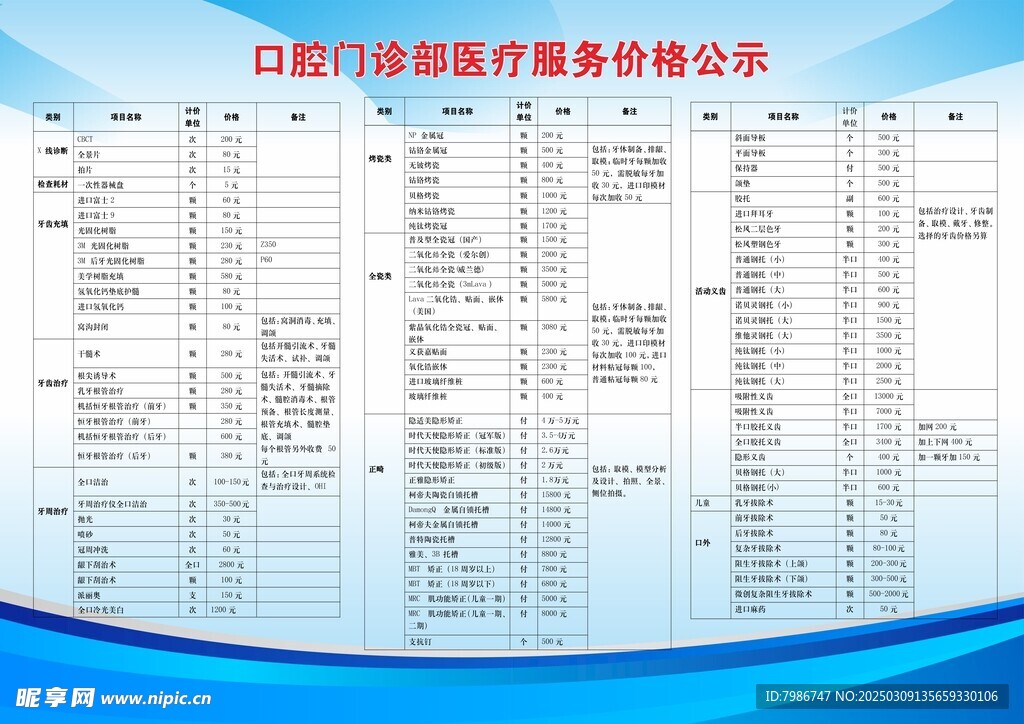 口腔科诊所价格表
