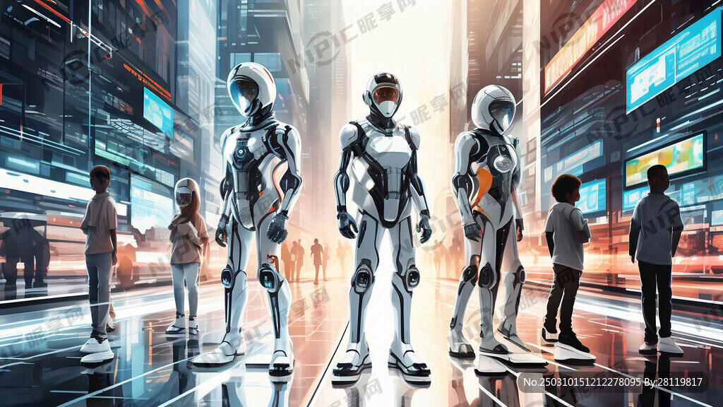 5个小朋友身白色穿科技的服装站