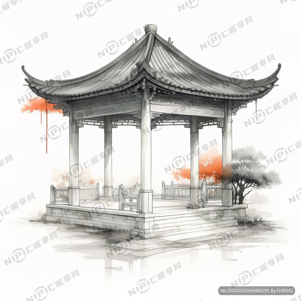 中式凉亭 正立面 水平视角