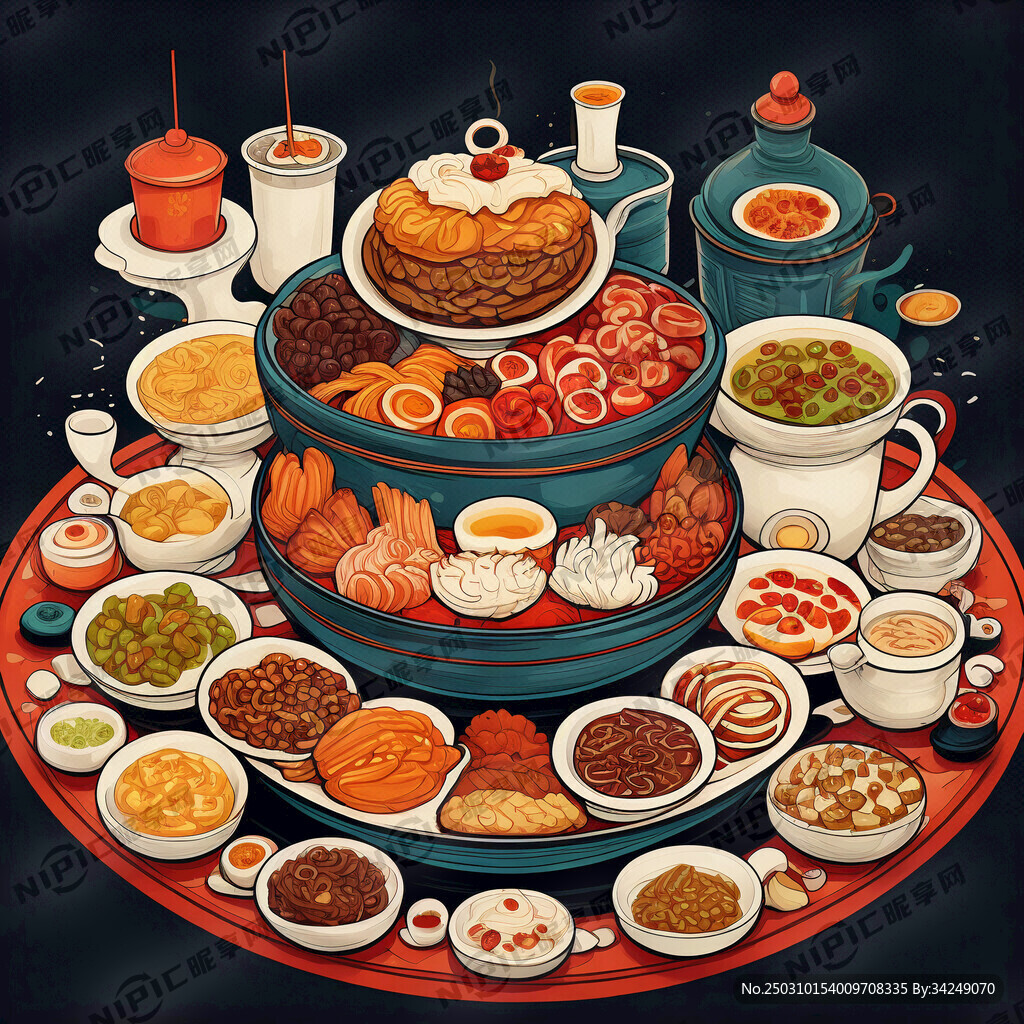 广式早茶 食物 插画风格