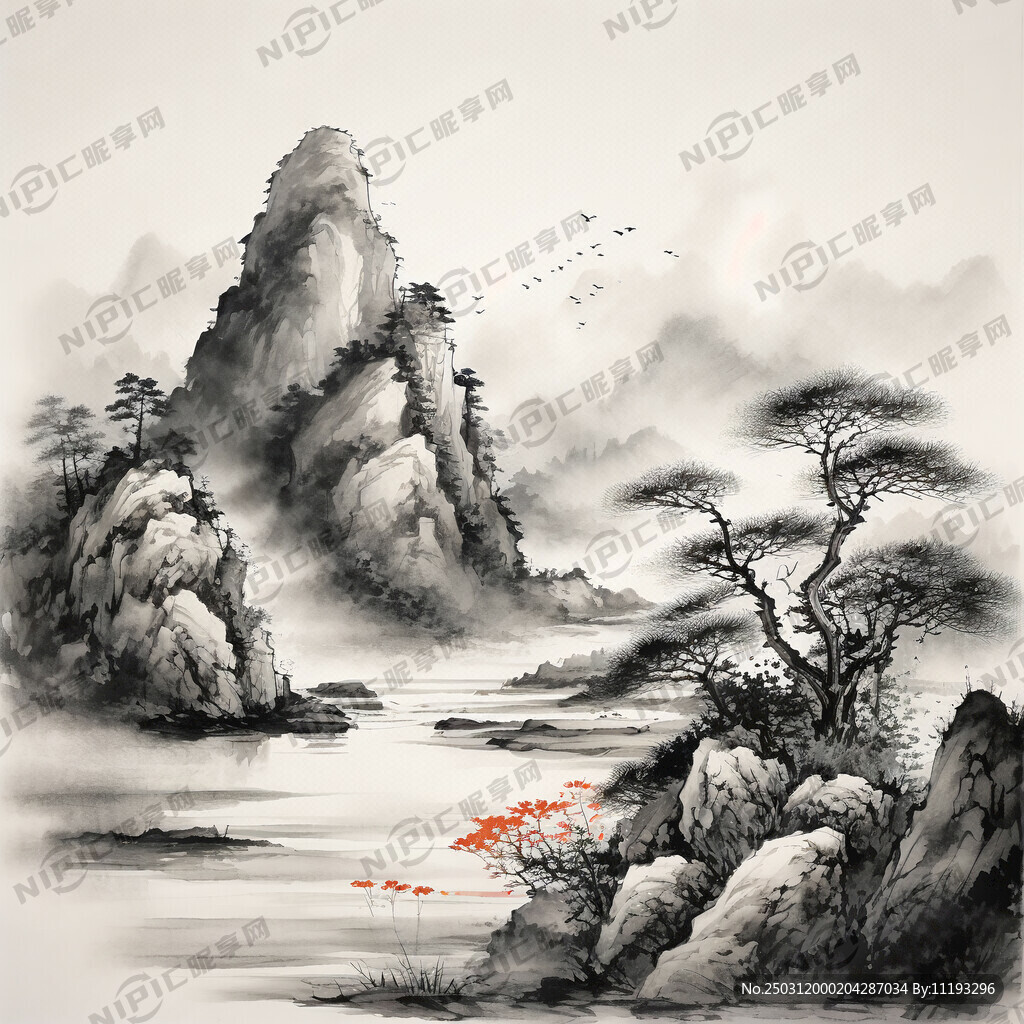 手绘线描山水图 工笔画