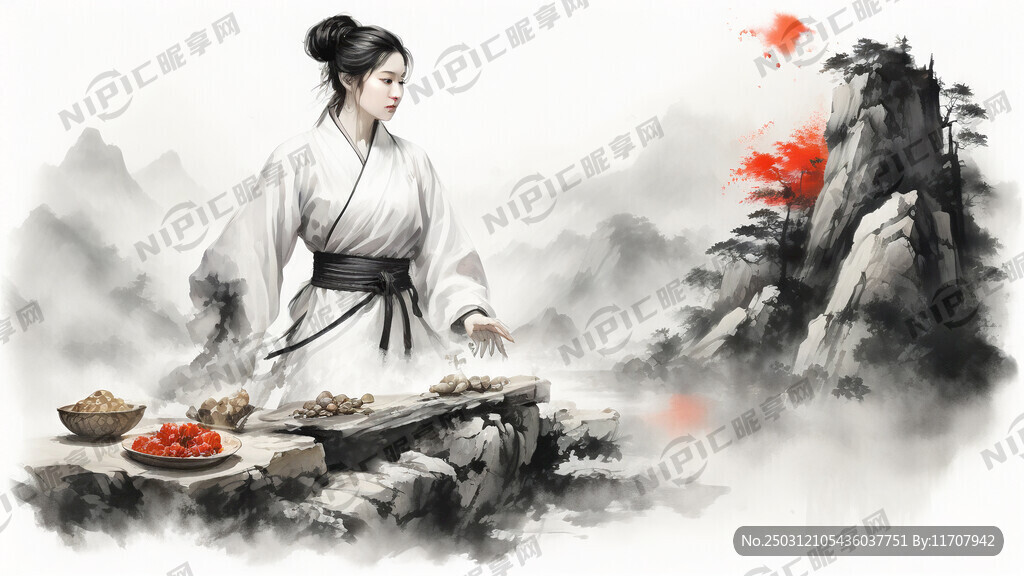 手绘山水石斛 右边李时珍采药