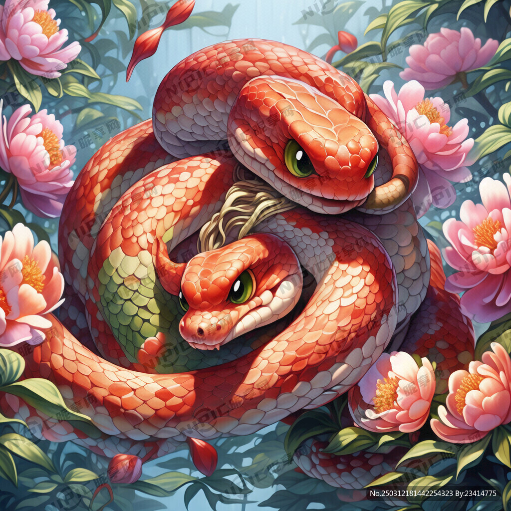 卡通蛇戏牡丹 梦幻 二次元