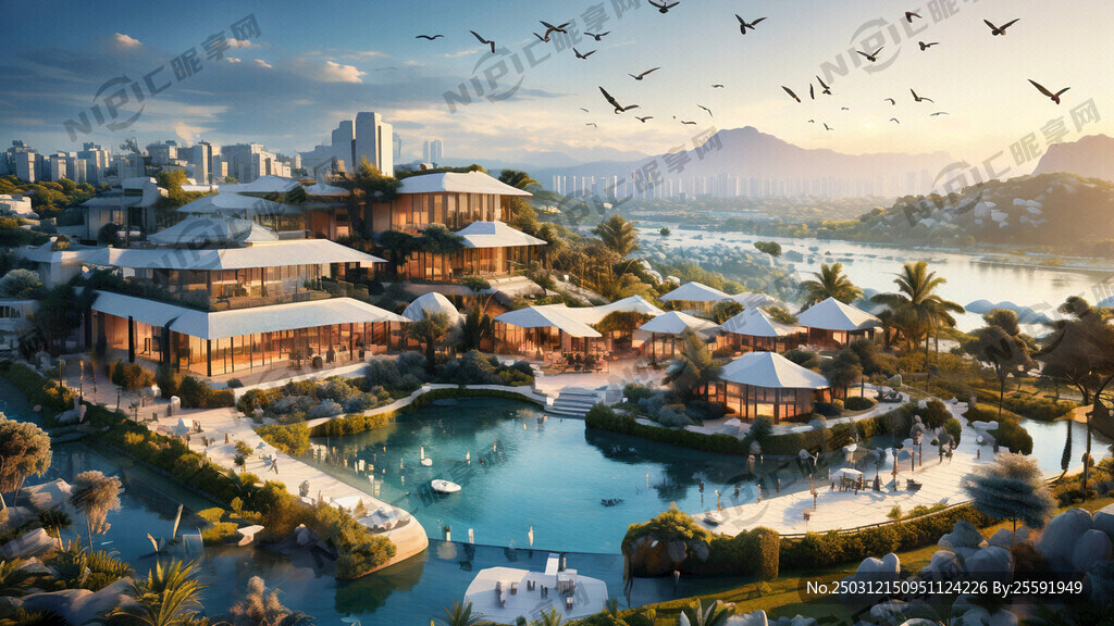 旅游度假区 别墅 有山水 白鹭