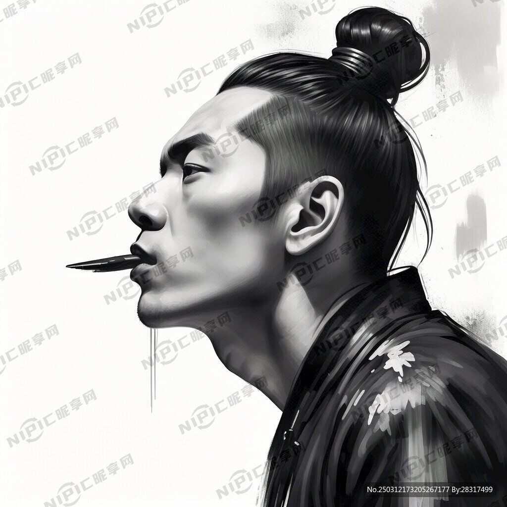 一个男性侧脸嘴部特写 黑白色