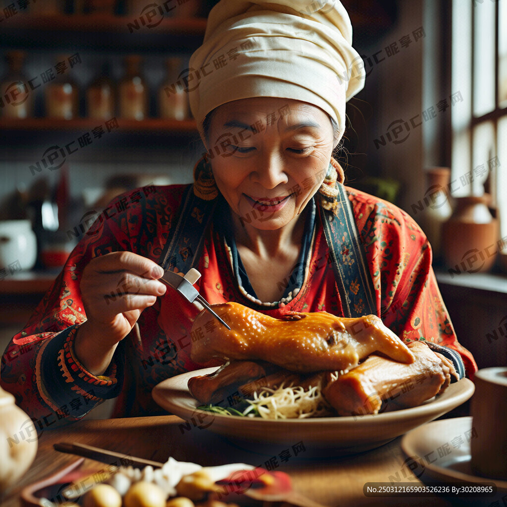 云南彝族女人开心的吃着鸡肉 